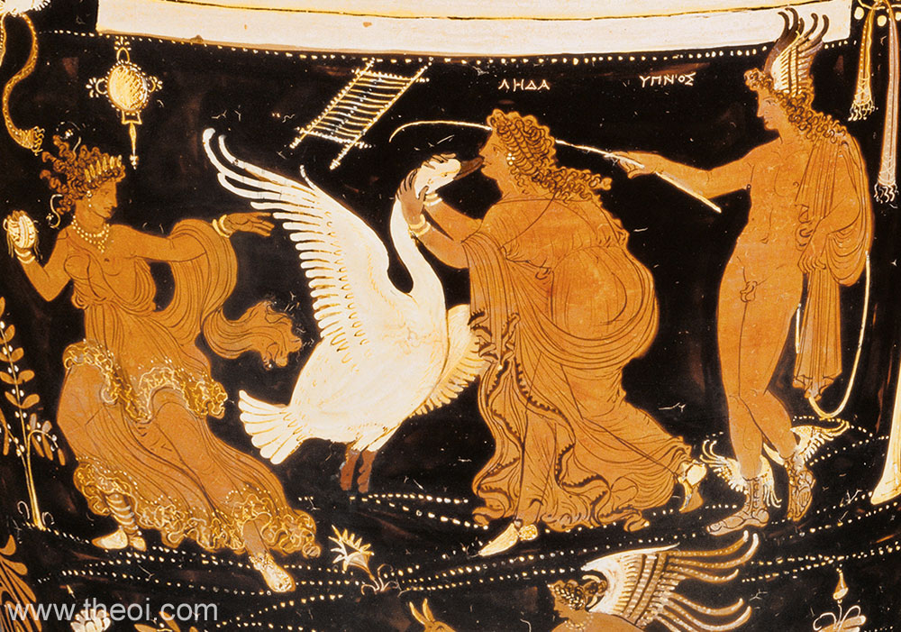 Peitho, Zeus as swan, Leda and Hypnos | Apulian red-figure loutrophoros C4th B.C. | The J. Paul Getty Museum, Malibu