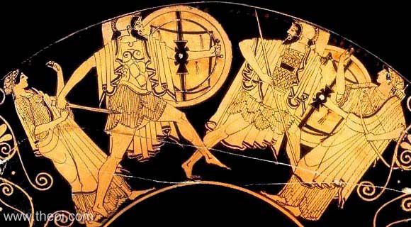 Duel of Paris & Menelaus in the Trojan War, with Aphrodite & Artemis | Greek vase, Athenian red figure kylix