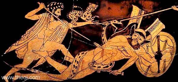 Dionysus & Giant Eurytus | Attic red figure vase painting