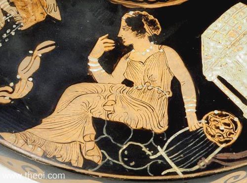 Muse, goddess of music, with barbiton | Greek vase, Paestan red figure lekanis
