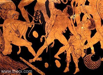 Heracles, Porphyrion & Hera | Attic red figure vase painting