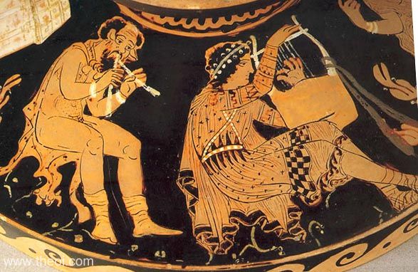 Marsyas and Apollo | Paestan red-figure lekanis C4th B.C. | Musée du Louvre, Paris