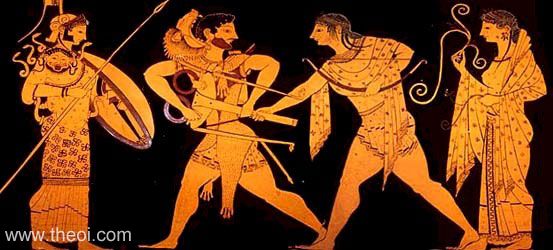 Heracles & Apollo fighting over the Delphic tripid, with Athena & Artemis | Greek vase, Athenian red figure amphora