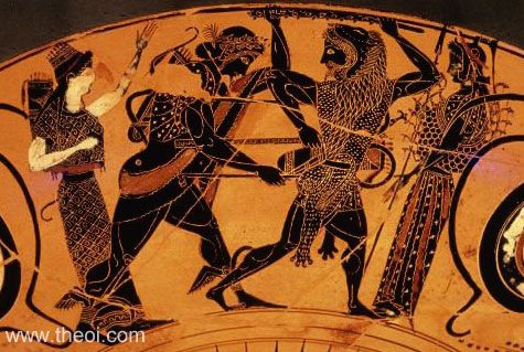 Heracles & Apollo struggling over the Delphic tripod, with Athena & Artemis | Greek vase, Athenian black figure kylix
