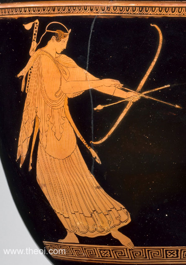 Artemis, goddess of hunting, with bow | Greek vase, Athenian red figure bell krater