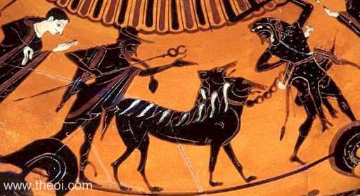 Hermes, Cerberus and Heracles | Athenian black-figure hydria C6th B.C. | Toledo Museum of Art