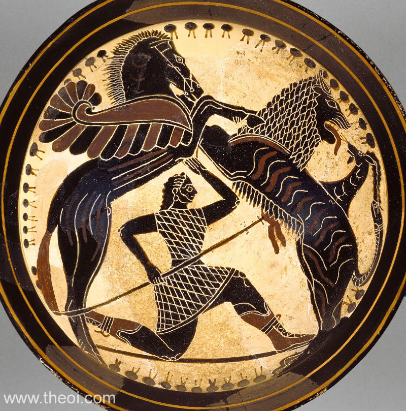 Bellerophon & Pegasus fighting the Chimera | Greek vase, Laconian black figure kylix