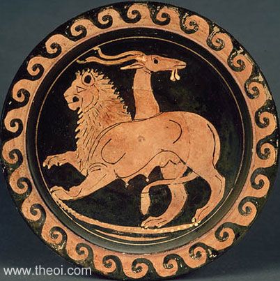 The Chimera, three-headed beast | Greek vase, Athenian red figure kylix