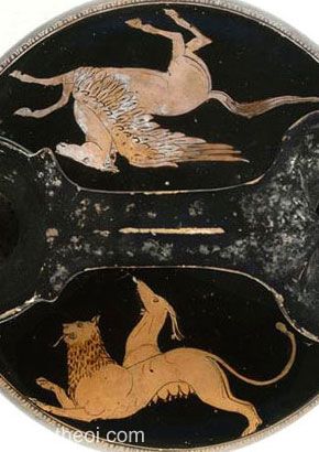 Chimera & Pegasus, beast versus winged horse | Greek vase, Athenian red figure askos