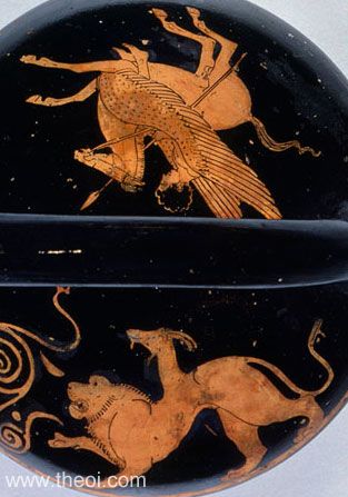 Bellerophon & Pegasus battling Chimera | Greek vase, Athenian red figure askos