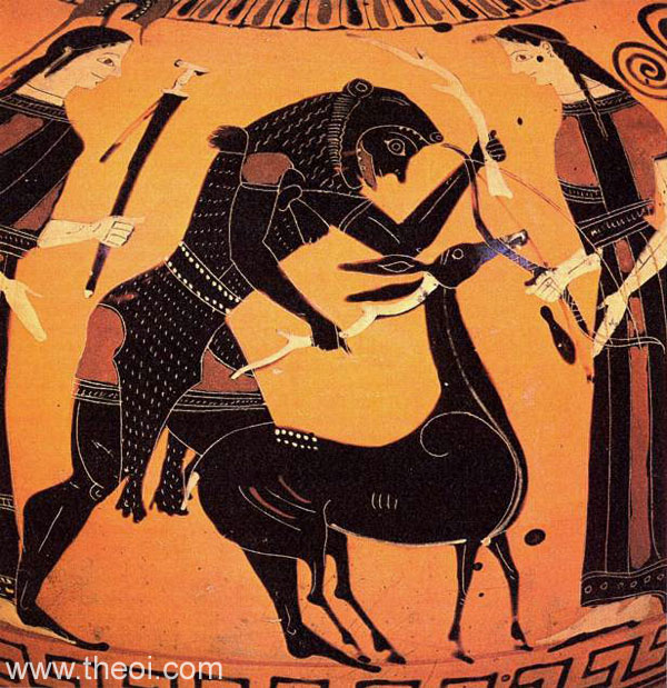 Heracles wrestling the Cerynitian hind, with Artemis & Athena | Greek vase, Athenian black figure amphora