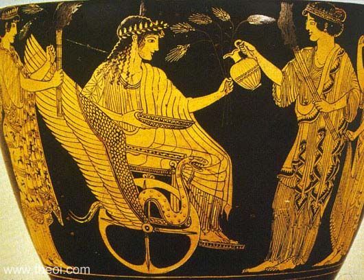 Triptolemus in the winged chair, with Demeter & Persephone | Greek vase, Athenian red figure skyphos