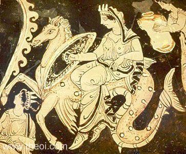 Thetis Riding Hippocamp | Apulian red figure vase painting