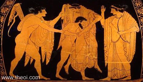 Tityus seizing Leto, Apollo & Artemis | Greek vase, Athenian red figure krater 