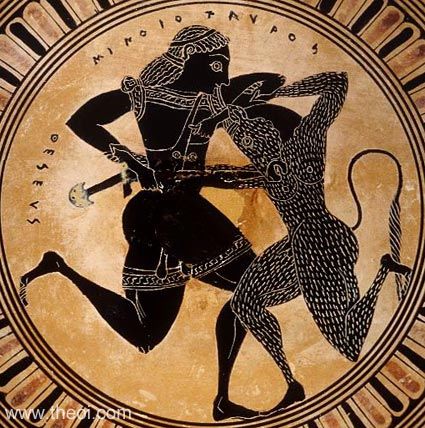 Theseus & Minotaur | Attic black figure vase painting