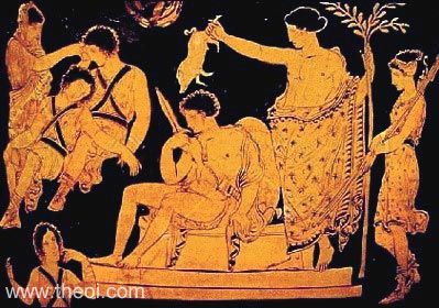 Purification of Orestes at Delphi, with Apollo, ghost of Clytemnestra, & the Erinyes | Greek vase, Apulian red figure krater
