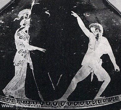 Athena & Marsyas | Attic red figure vase painting