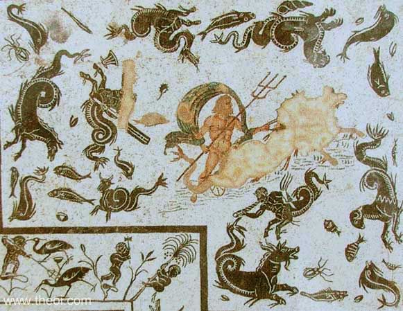 Poseidon-Neptune and marine creatures | Greco-Roman mosaic from Ostia | Ostia Antica, Rome
