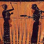 Moirae Goddesses of Fate | Image from a Greek vase depicting a pair of women weavers