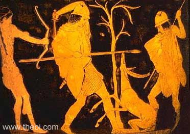 The Aloadae giants & Artemis | Athenian red figure krater C5th B.C. | Antikenmuseum, Basel