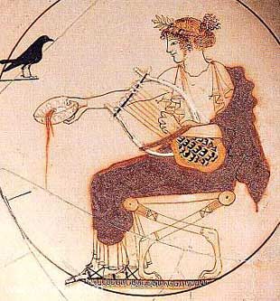 Apollo, god of music | Athenian red figure kylix C5th B.C. | Archaeological Museum, Delphi