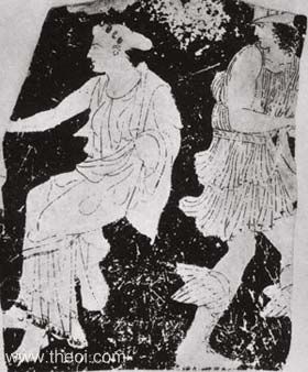 Perseus & the Graeae | Athenian red figure krater C5th B.C. | Archaeological Museum of Delos