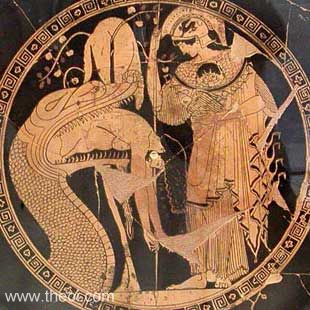 The Dragon of the Golden Fleece disgorging Jason | Athenian red figure kylix C5th B.C. | Gregorian Etruscan Museum, Vatican City