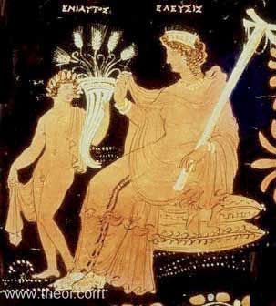 Plutus, god of wealth, with a cornucopia, & Demeter | Apulian red figure loutrophoros C4th B.C. | J. Paul Getty Museum, Malibu