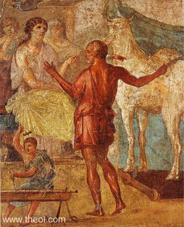 Pasiphae, Daedalus and the wooden cow | Greco-Roman fresco from Pompeii C1st A.D. | Naples National Archaeological Museum