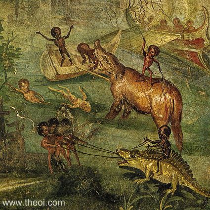 Pygmies on the Nile | Greco-Roman wall fresco from Pompeii C1st A.D. | Naples National Archaeological Museum