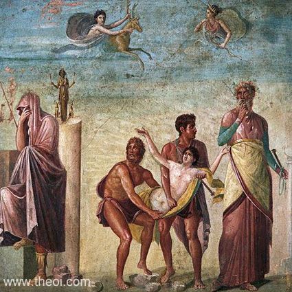 Artemis, Clytemnestra, sacrifice of Iphigeneia, and Agamemnon | Greco-Roman fresco from Pompeii C1st A.D. | Naples National Archaeological Museum