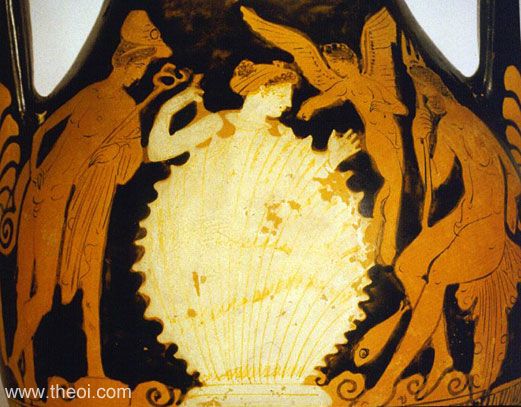 Hermes, birth of Aphrodite, Himeros and Poseidon | Athenian red-figure pelike C4th B.C. | Archaeological Museum of Thessaloniki
