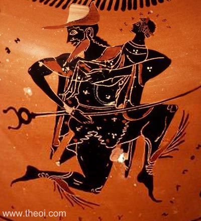 Hermes & Infant Heracles | Attic black figure vase painting
