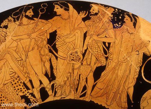 Hermes, Apollo, Heracles and Athena on Olympus | Athenian red-figure kylix C5th B.C. | Antikensammlung Berlin