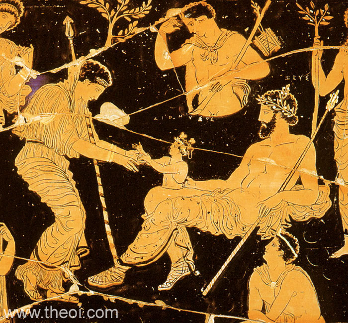 Hera, Zeus & infant Dionysus | Apulian red figure vase painting