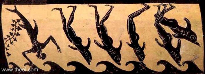 Metamorphosis of the Tyrrhenian pirates into dolphins | Etruscan vase, black figure hydria