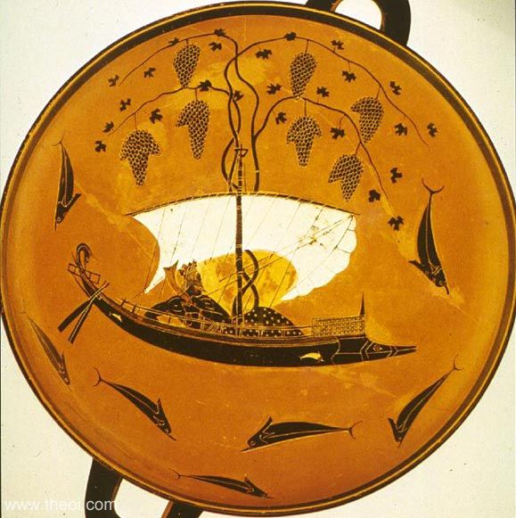 Dionysus on a ship & the Tyrrhenian pirates transformed into dolphins | Greek vase, Athenian black figure kylix