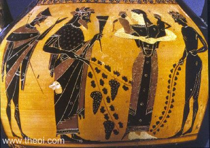 Hermes, Dionysus, Ariadne and children | Athenian bilingual amphora C6th B.C. | British Museum, London