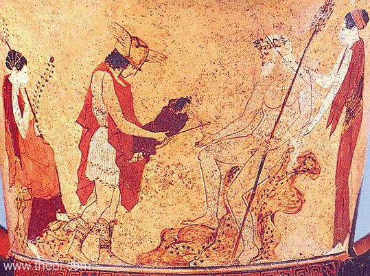 Fostering of Dionysus | Attic red figure vase painting