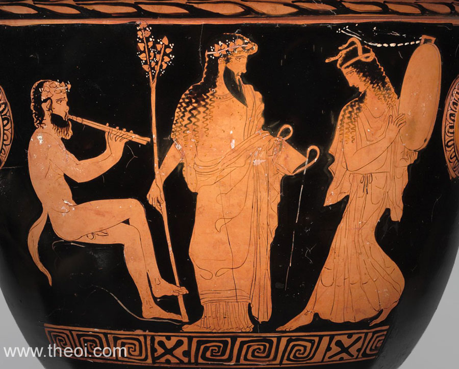 Dionysus, Satyr & Maenad | Attic red figure vase painting
