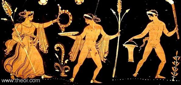 Maenad, Dionysus & Satyr | Apulian red figure vase painting