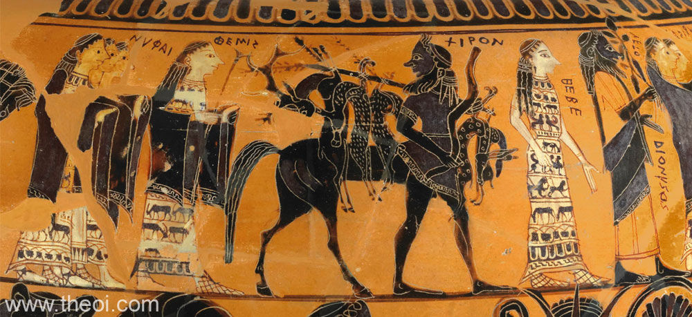 Chiron, Themis, Hebe & Dionysus | Attic black figure vase painting