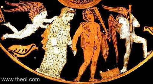 Eros, Hebe, Heracles and Hymenaeus | Athenian red-figure pyxis C5th B.C. | University of Pennsylvania Museum of Archaeology