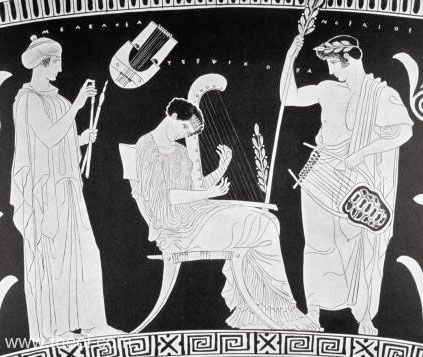 Musaeus & the Muses | Drawing of Greek vase painting