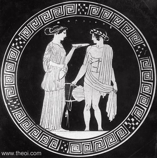 Muse Calliope and Apollo | Athenian red-figure kylix C5th B.C. | Victoria and Albert Museum, London