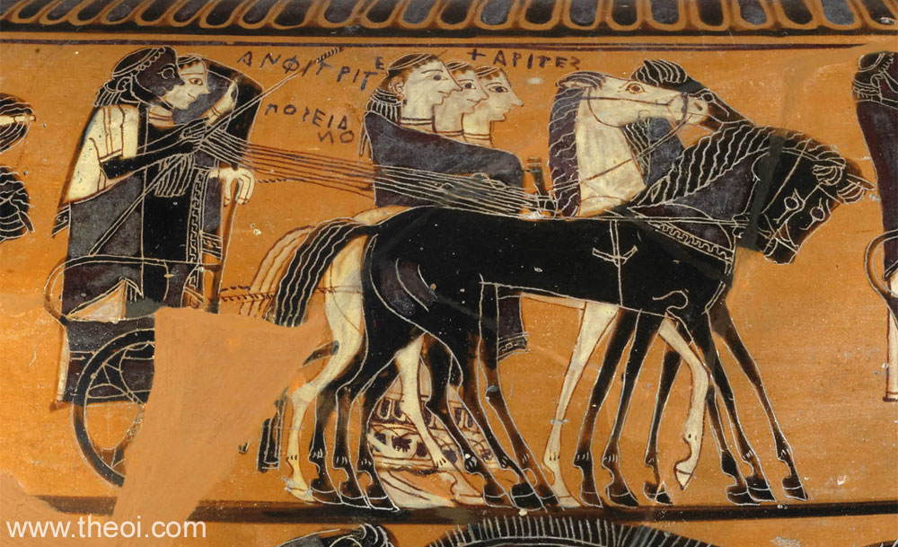 Poseidon, Amphitrite & the Charites | Attic black figure vase painting