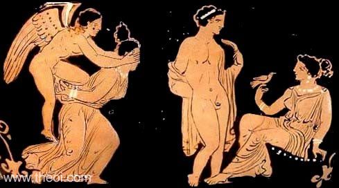 Eros riding woman, man and Aphrodite | Apulian red-figure skyphos C4th B.C. | Rhode Island School of Design Museum, New York