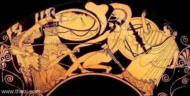 Athena, Ajax, Hector and Apollo | Athenian red-figure kylix C5th B.C. | Musée du Louvre, Paris