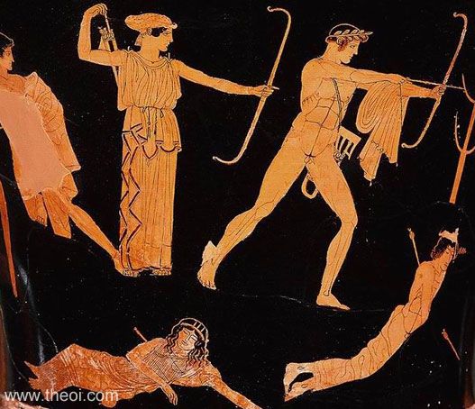 Apollo, Artemis & the Niobids | Attic red figure vase painting