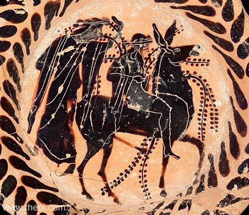 Dionysus and Hephaestus riding donkey | Athenian black-figure kylix C6th B.C. | Museum of Fine Arts, Boston